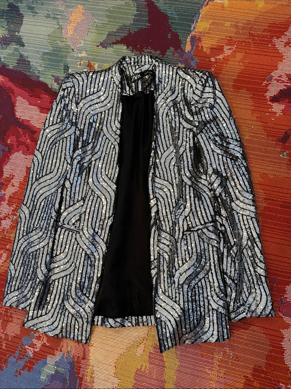 Zara Black & Silver Sequin Open-Front Blazer